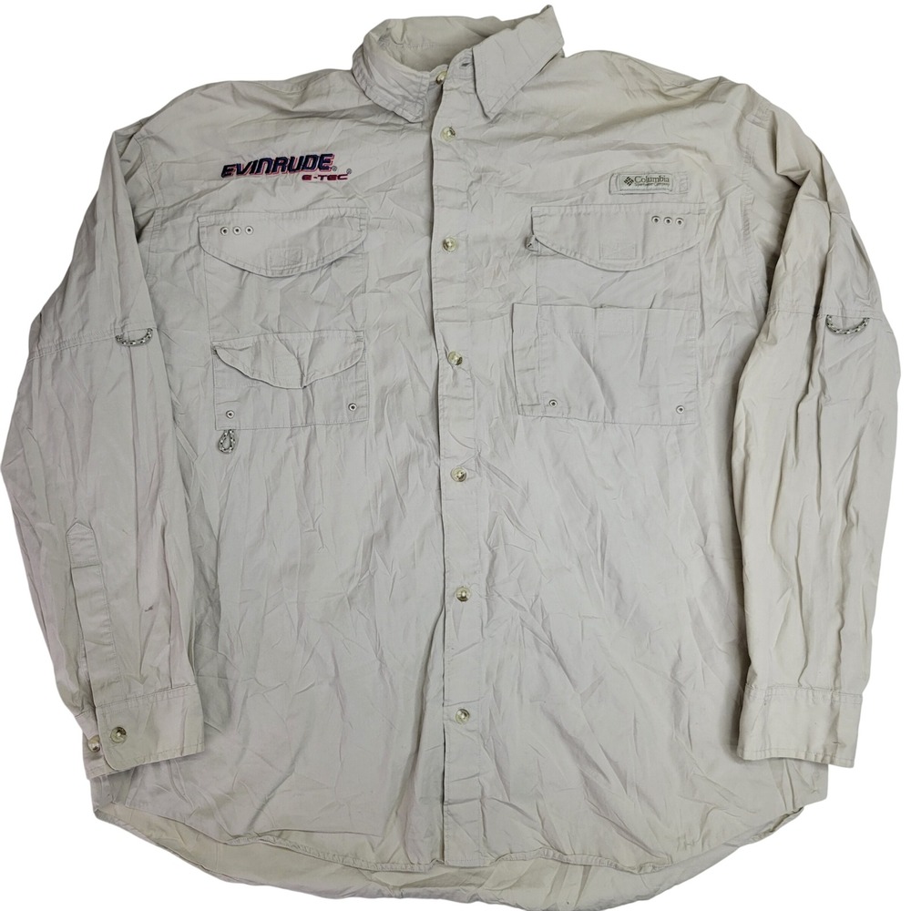 Columbia PFG Evinrude E-TEC Fishing Shirt Long Sleeve Tan Men's XL